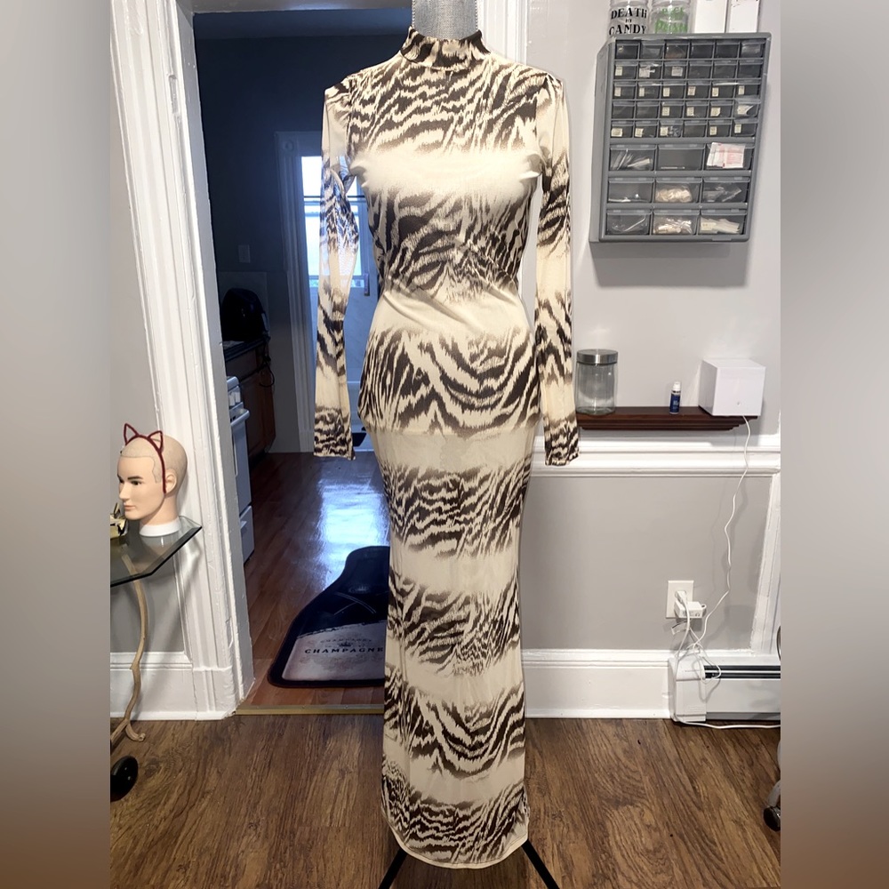 Mesh Transparent Print Open Back Maxi
